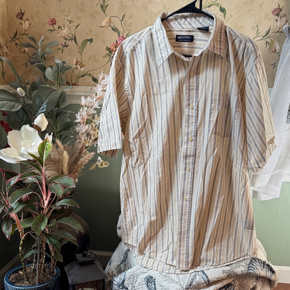 Puritan Men's Tan and White Striped Button-Down Shirt